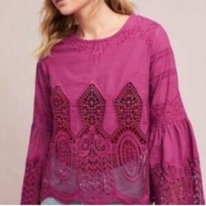 Anthropologie Chloe Oliver Magenta Pink Lace Bell Sleeve Boho Blouse, Size XS